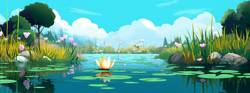 绿色荷花蓝天白云插画背景,插画/手绘图,插画/手绘图库,插画/手绘图下载,插画/手绘